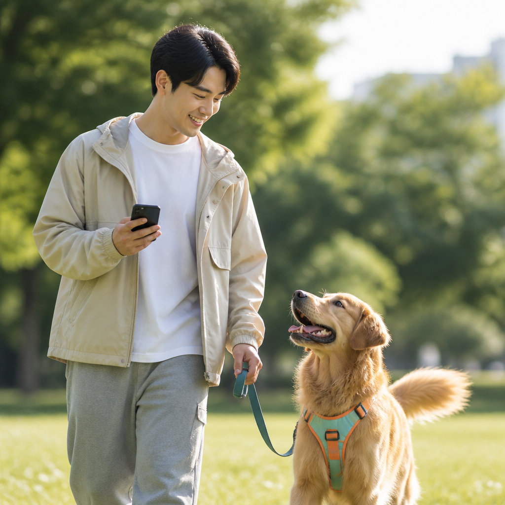강아지와 보호자가 함께 행복하게 산책하는 모습