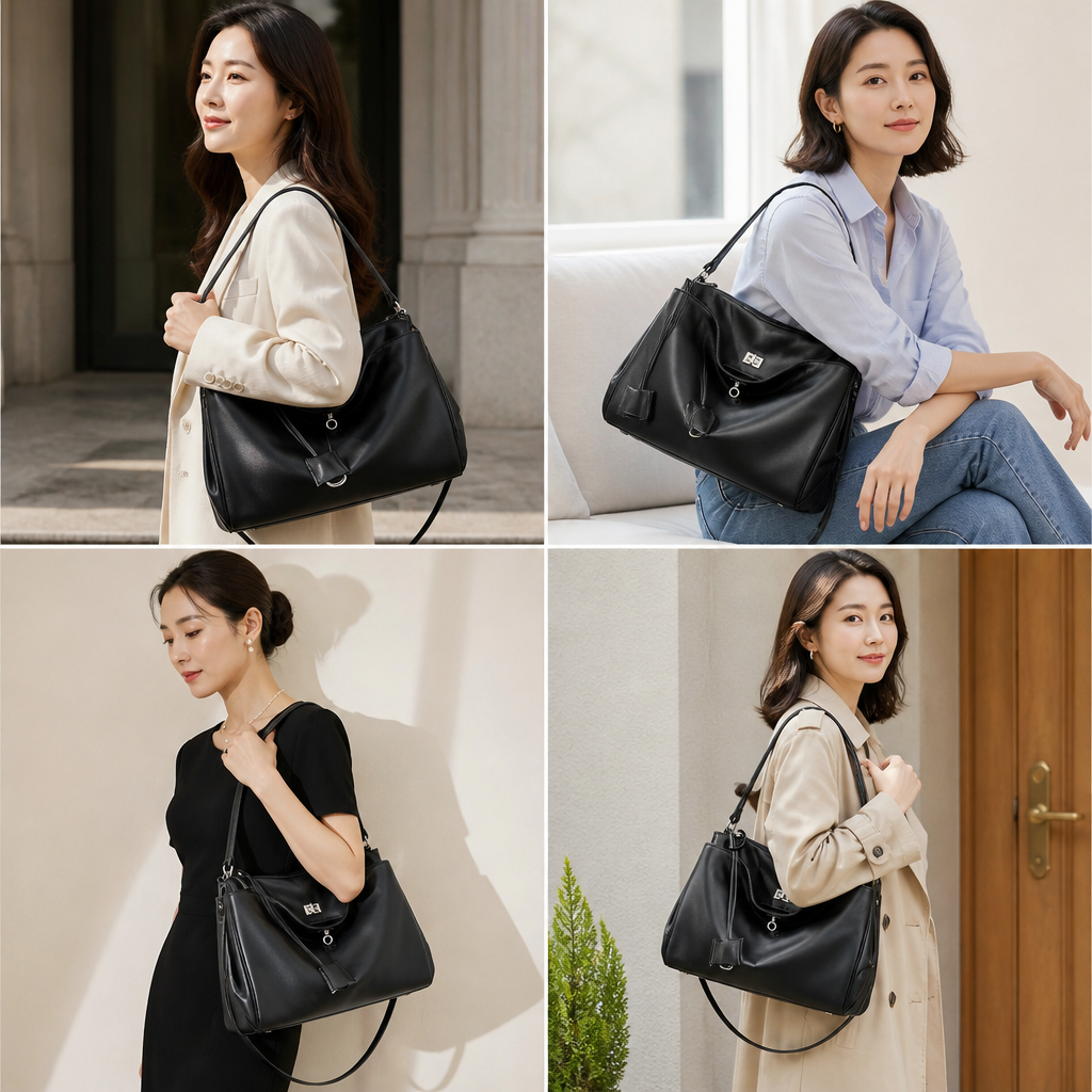 블랙 데일리 숄더백을 다양한 착장(오피스룩, 캐주얼, 모임룩 등)과 함께 연출한 이미지 모음