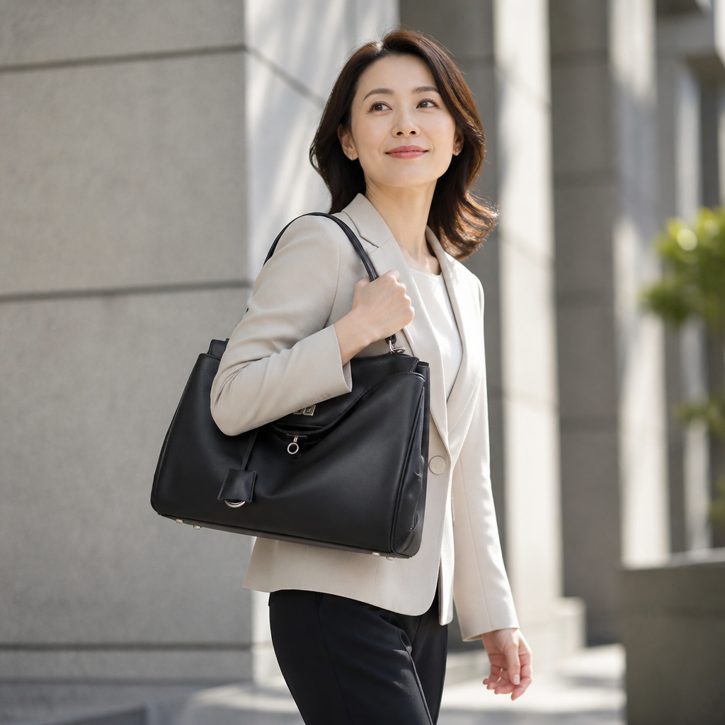 블랙 데일리 숄더백을 든 모델이 어반 배경에서 자연스럽게 걷는 모습